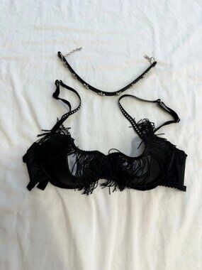 Victoria's Secret Black Fringe Push Up Bra Rhinestone Strap S